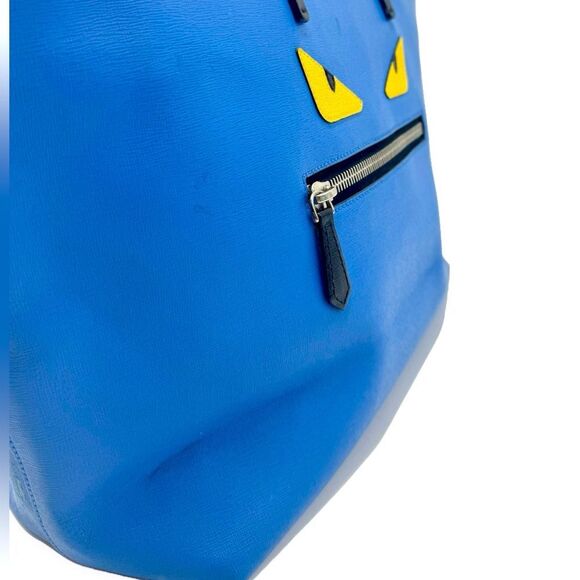 Auth Fendi Blue Leather Monster Bug Eyes Medium Shopper Tote - Picture 13 of 16